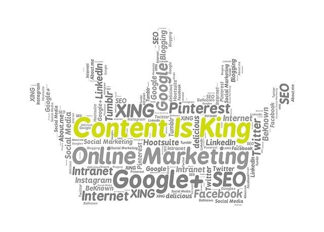A crown made of words important for SEO, with “Content is king” written in the middle.