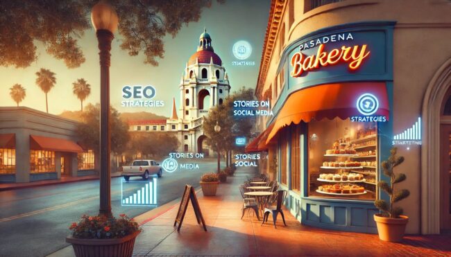 An inviting bakery shop on a charming street in Pasadena during golden hour, with neon-style floating labels displaying "SEO Strategies," "Stories on Social Media," and upward-trending graphs. The background includes palm trees, a prominent domed building, and a peaceful street scene. The image conveys a focus on digital marketing techniques for local businesses.