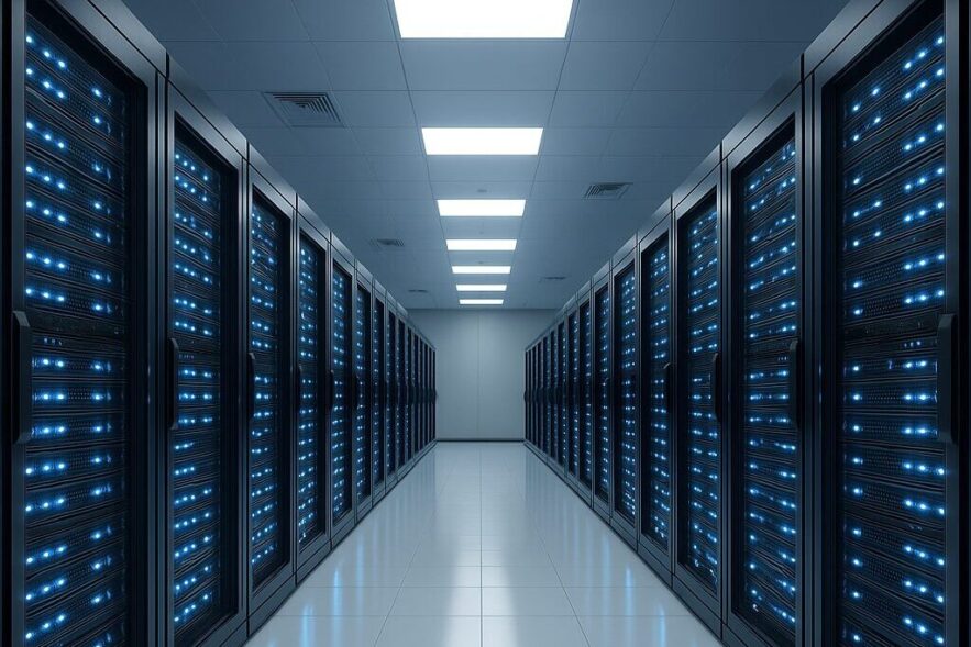 Modern Data Center With Symmetrical Glowing Server Racks For Reliable Web Hosting Infrastructure