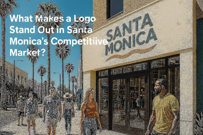 Modern Santa Monica Storefront With Minimal Logo Design, Palm Trees, And Pedestrians In A Bright Urban Beachside Setting.