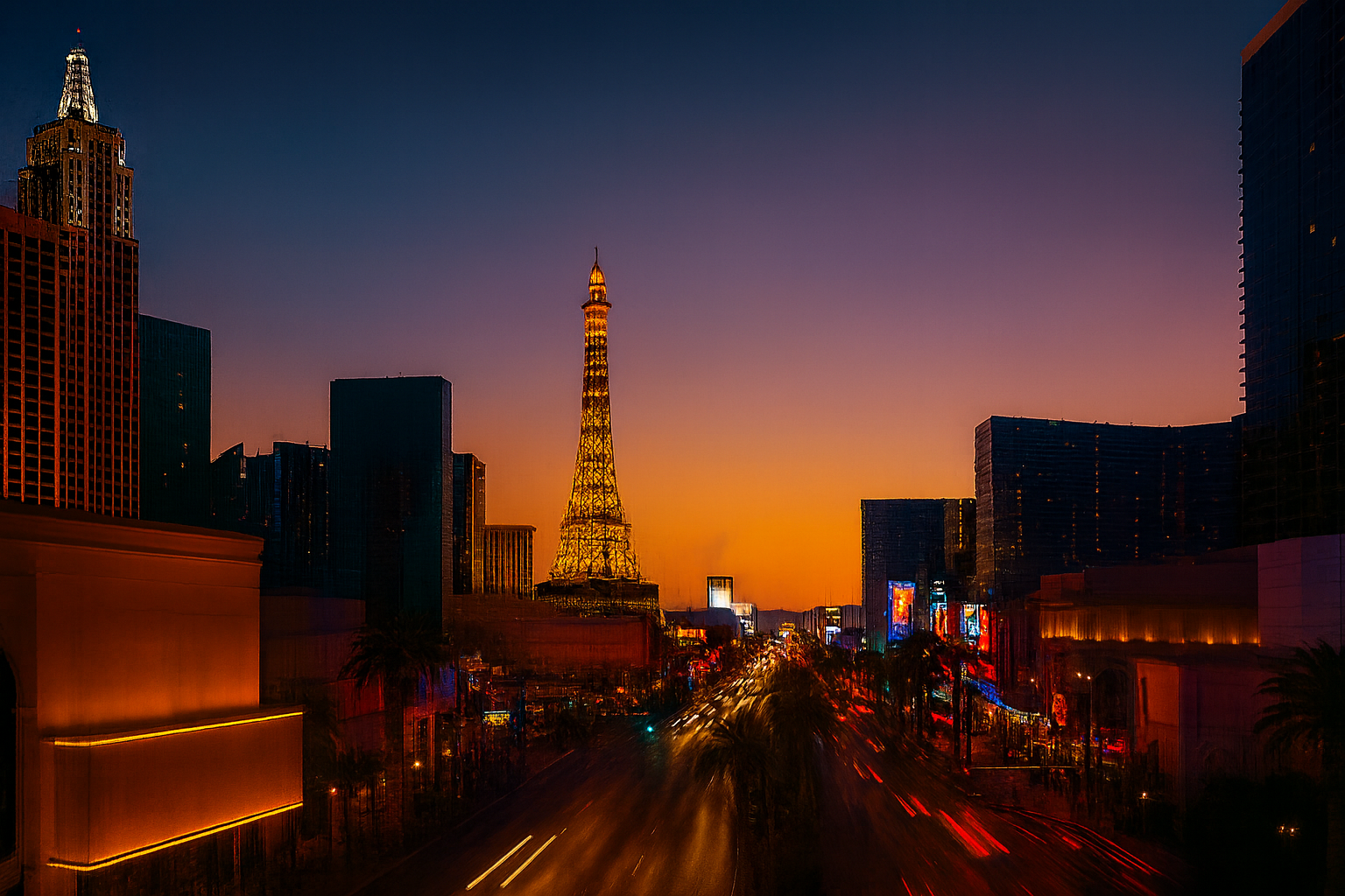 Las Vegas Strip At Sunset With Eiffel Tower Replica And Neon Lights Showing City Energy For Brand Voice Marketing.