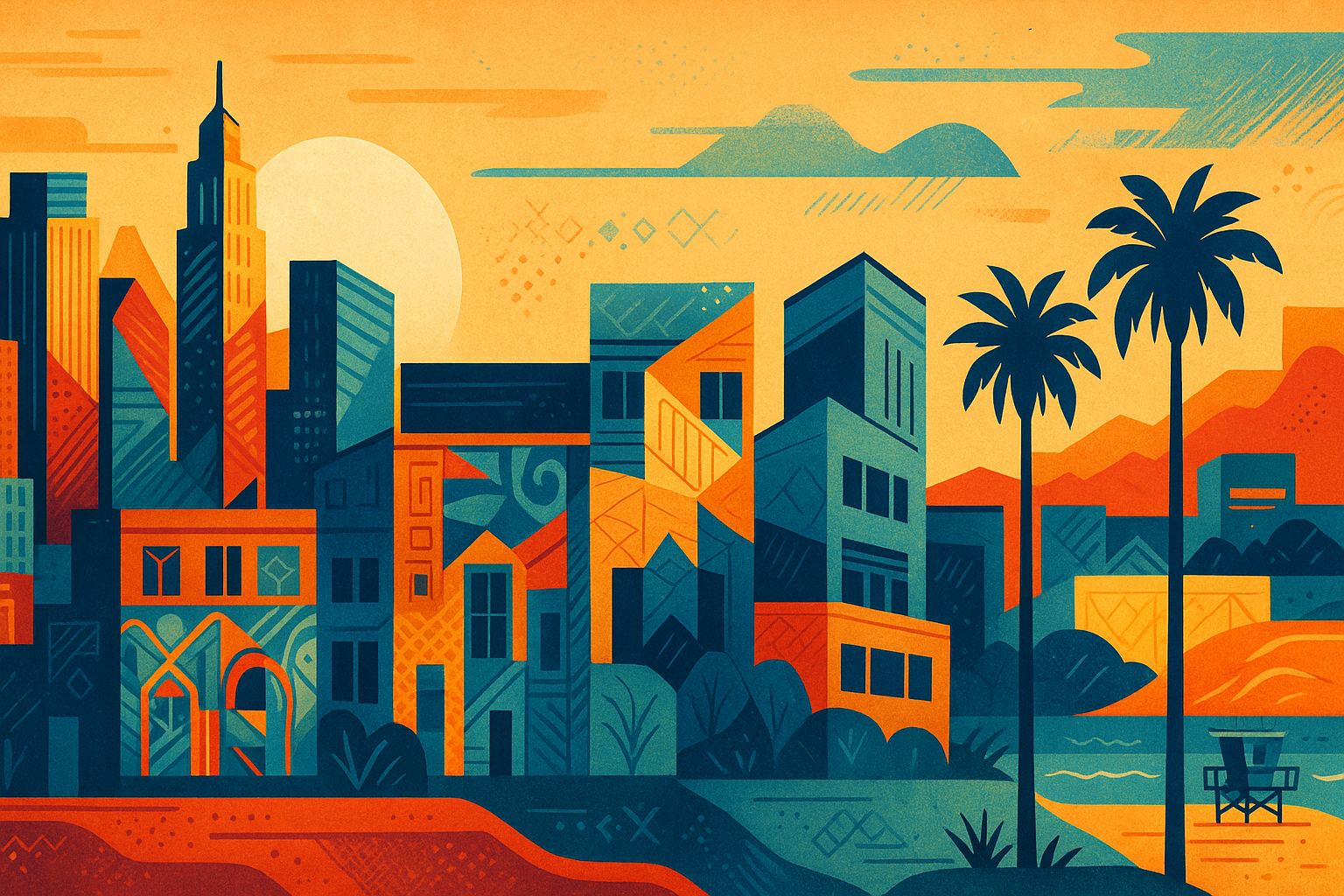 Los Angeles Skyline Illustration With Downtown Skyscrapers Palm Trees Beach Elements And Artistic Neighborhoods In Vibrant Sunset Colors.