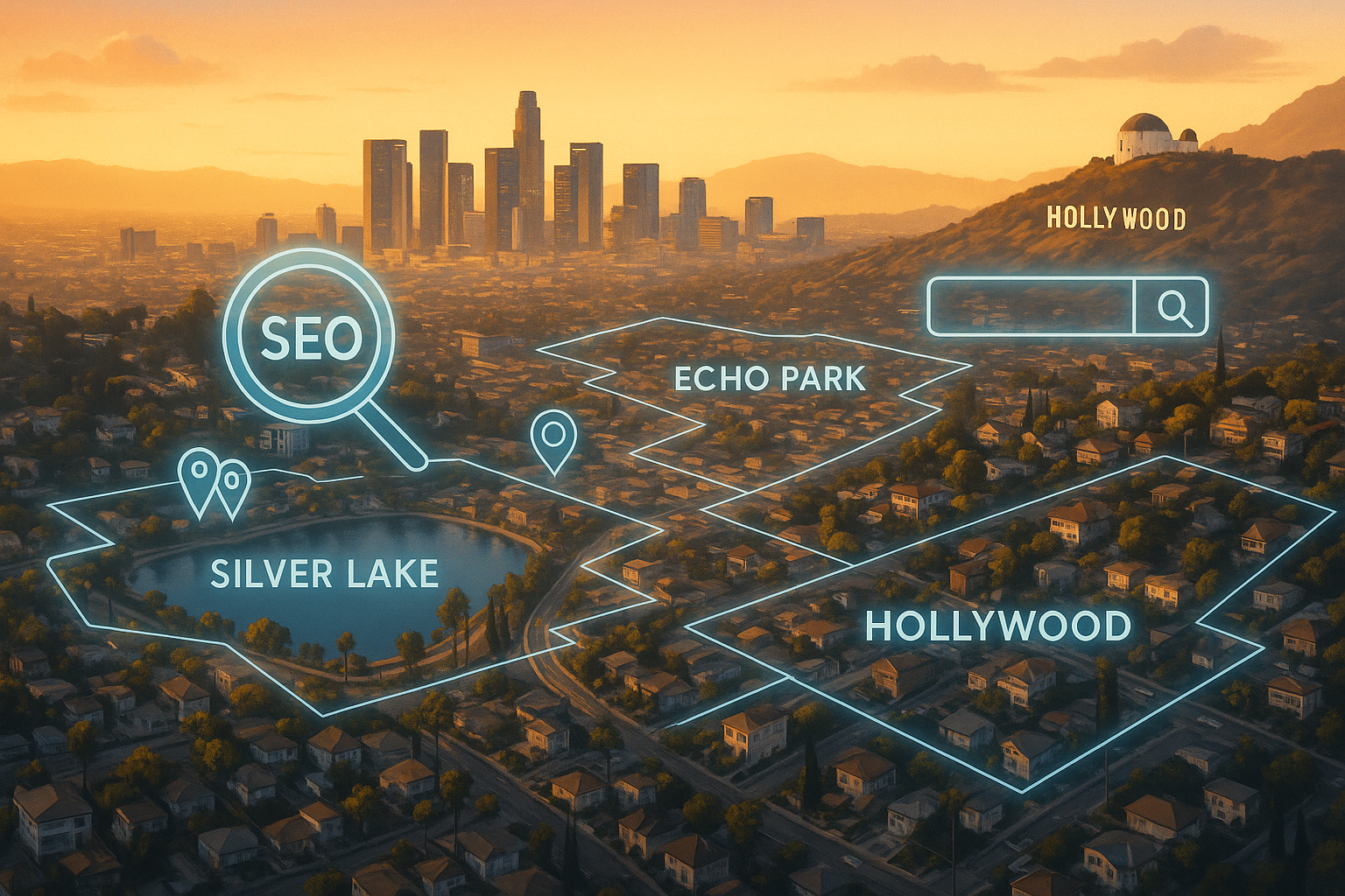 Los Angeles Micro-Neighborhood SEO Strategy Showing Silver Lake, Echo Park, And Hollywood Districts With Digital Marketing Overlays And Downtown Skyline At Golden Hour.