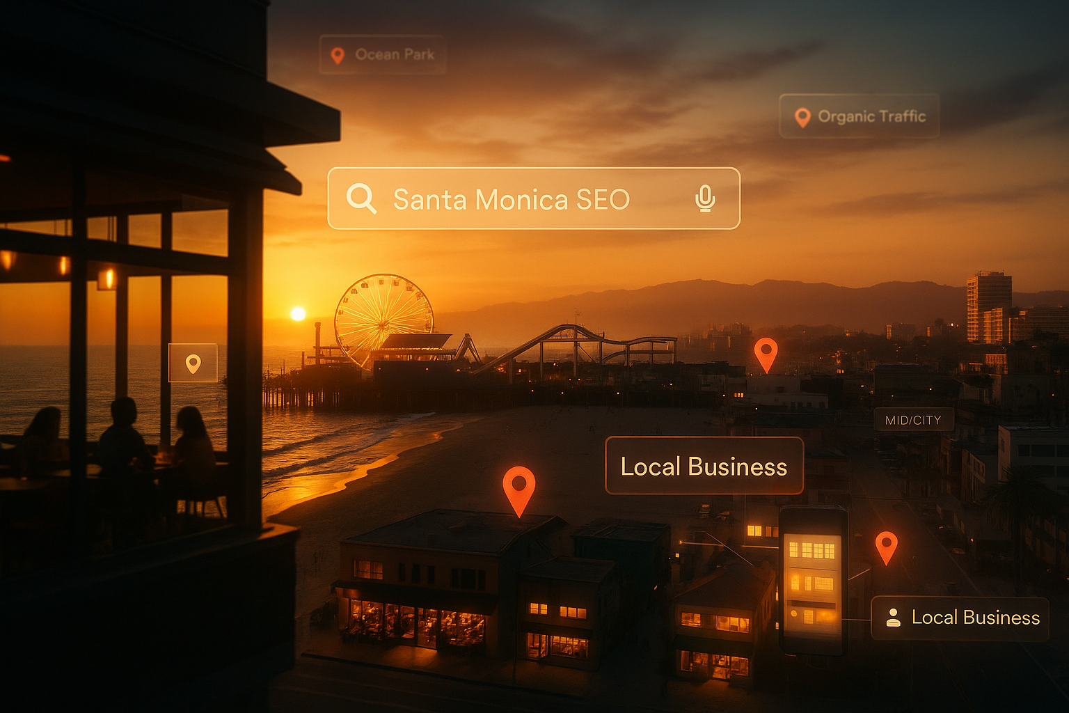 Santa Monica SEO Digital Marketing Overlay On Sunset Pier View With Local Business Location Pins And Search Bar Showing Organic Traffic And Neighborhood Targeting For Mid City Ocean Park Areas.