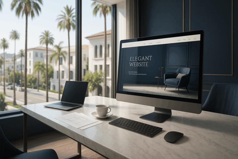 Beverly Hills Luxury Web Design Office With Desktop Monitor Displaying Elegant Website Mockup And Palm Tree View.