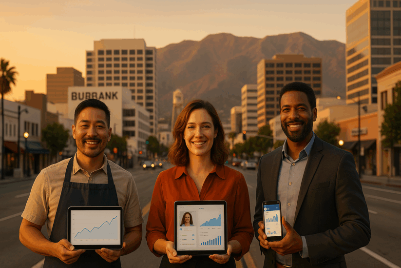 Burbank Small Business Owners Holding Digital Marketing Analytics On Tablets Showing Local SEO Growth And Success.