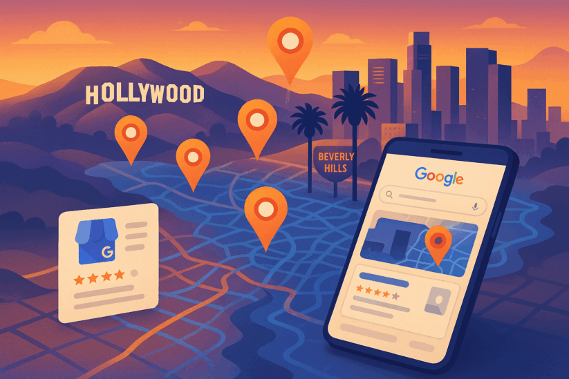 Google Business Profile Los Angeles Neighborhoods Map Google Business Profile Optimization For Los Angeles Neighborhoods Showing Hollywood Beverly Hills And Downtown With Mobile Search Results And Location Pins.