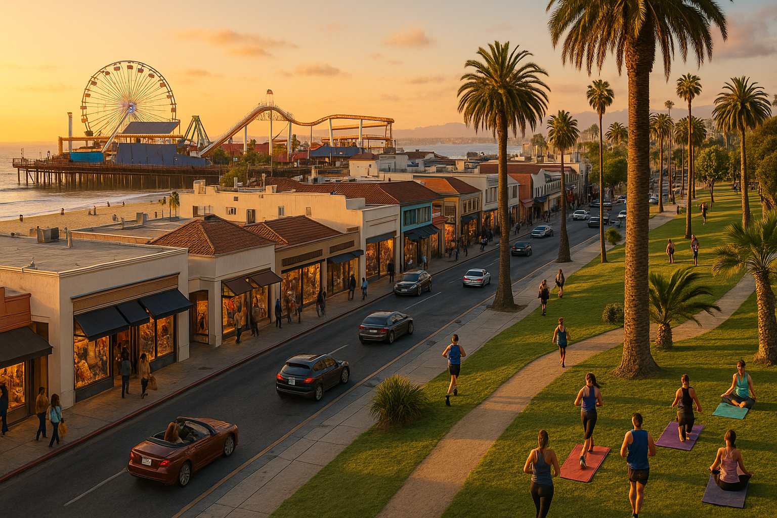 Santa Monica Local Businesses Near Pier With Yoga Classes And Shopping On Ocean Avenue At Sunset.