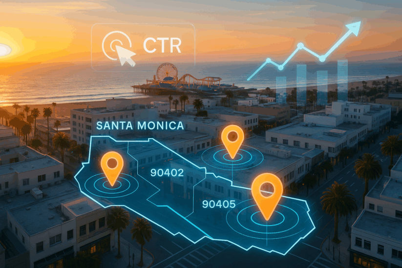Santa Monica PPC Campaigns With Geo-Targeted Advertising Showing ZIP Code Targeting Strategies And Click Through Rate Improvement Over Coastal Cityscape At Sunset.