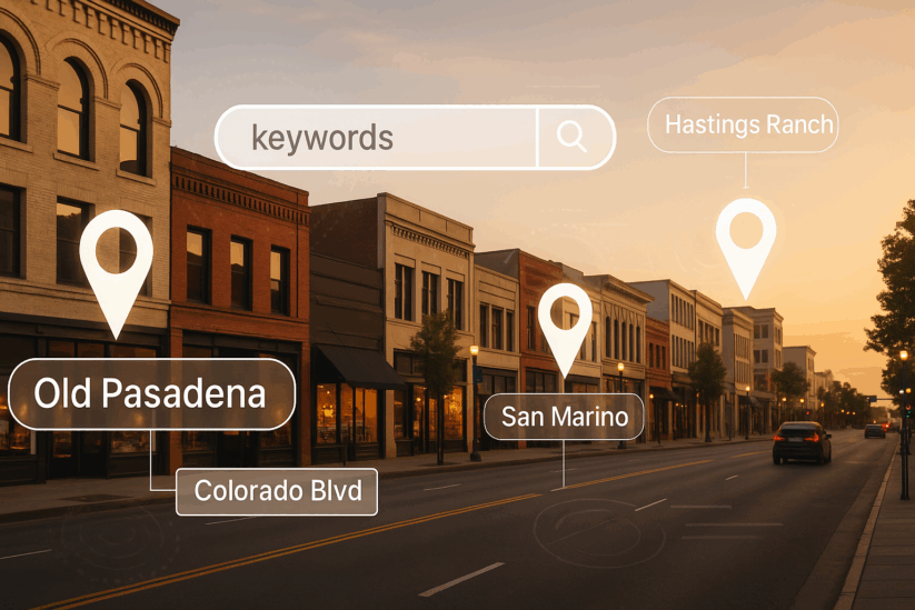 Pasadena Neighborhood Keyword Strategy Showing Old Pasadena San Marino Hastings Ranch And Colorado Boulevard With Local Business Search Markers.