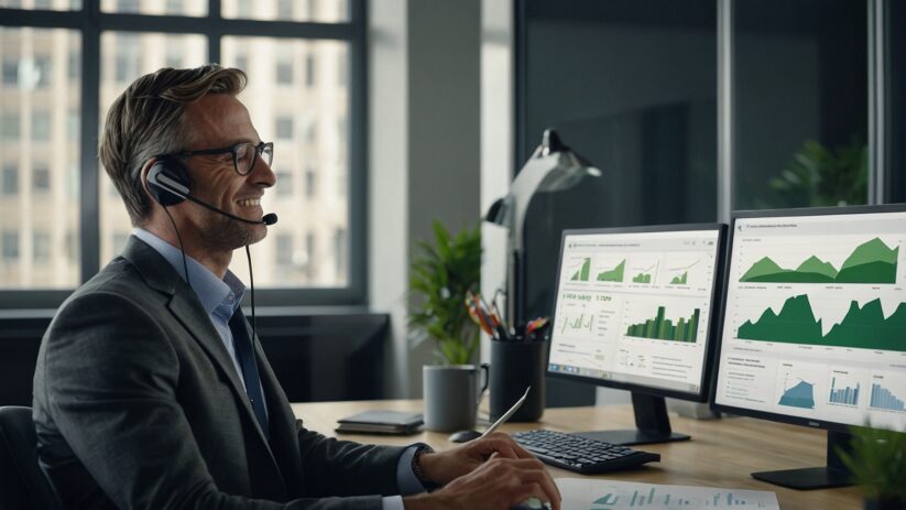 Professional Businessman Wearing Headset Analyzing Call Performance Metrics On Dual Monitors In Modern Pasadena Office With Natural Lighting And Green Analytics Charts Displaying Rising Conversion Rates.