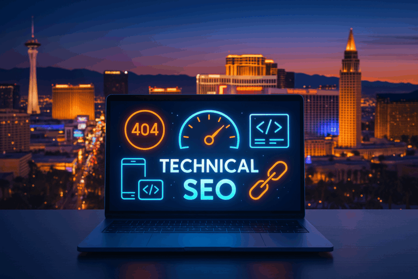 Technical SEO Audit Las Vegas Business Dashboard Technical SEO Audit Las Vegas Business Showing Common Crawl Errors And Page Speed Issues On Laptop With Strip Skyline.