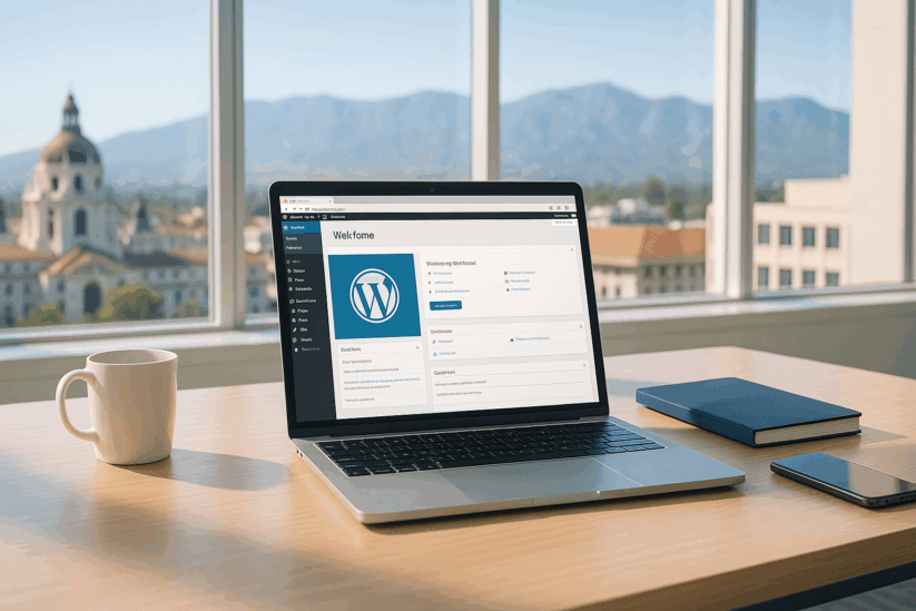 Pasadena WordPress Design Agency Workspace With Laptop Displaying WordPress Dashboard And Mountain View.