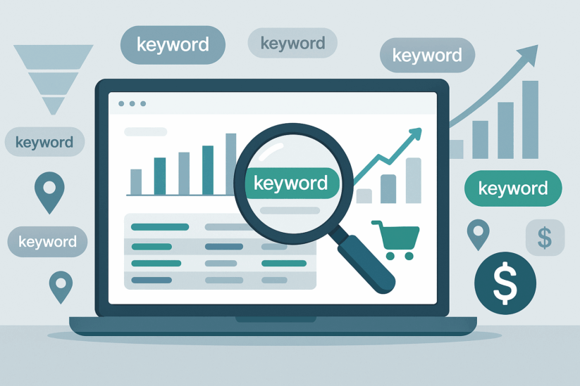 Buyer Intent Keyword Research Keyword Research For Buyer Intent Showing Analytics Dashboard With Magnifying Glass Highlighting High Converting Keywords And Conversion Metrics.