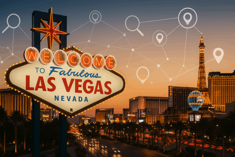 Local SEO Services Las Vegas Strip With Welcome Sign And Digital Marketing Location Pins Showing Search Optimization Network For Small Businesses.