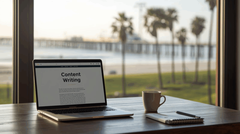 Local Content Writing Santa Monica Workspace With Laptop Overlooking Beach Pier And Palm Trees.
