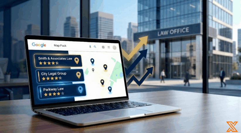 Laptop Displaying Google Maps Local Pack With Law Firm Rankings And Star Ratings In Professional Office Setting.