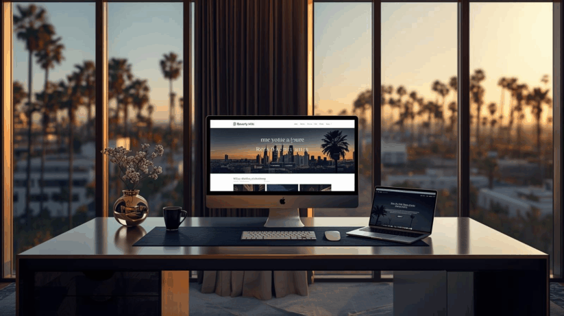 Luxury Web Design Services Beverly Hills Premium Workspace Luxury Web Design Services Beverly Hills Showing Premium Website Display On Desktop Computer With Palm Trees And Cityscape View.