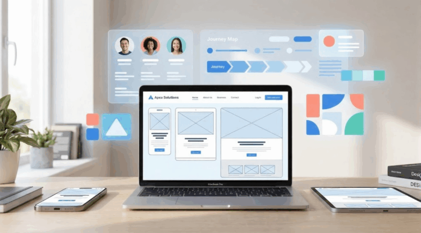 User First Design Strategy Guide Showing Responsive Website Wireframes Across Mobile Tablet And Desktop Devices With User Personas And Journey Maps.