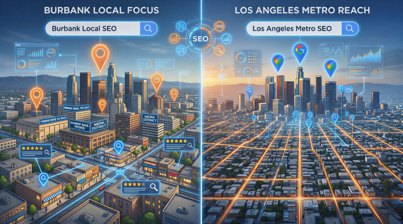Burbank Local SEO Vs Los Angeles Metro SEO Strategy Comparison Split Screen Comparison Showing Burbank Local Focus With Neighborhood Businesses And Search Pins Versus Los Angeles Metro Reach With Sprawling City Grid And Regional SEO Coverage For Local Search Strategy.