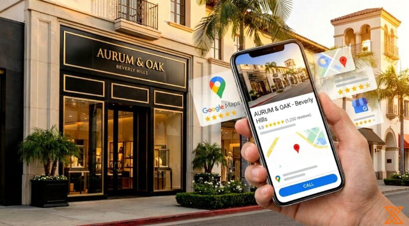 Google Business Profile Beverly Hills Optimization Guide Beverly Hills Google Business Profile On Smartphone With Luxury Storefront And Five Star Reviews.