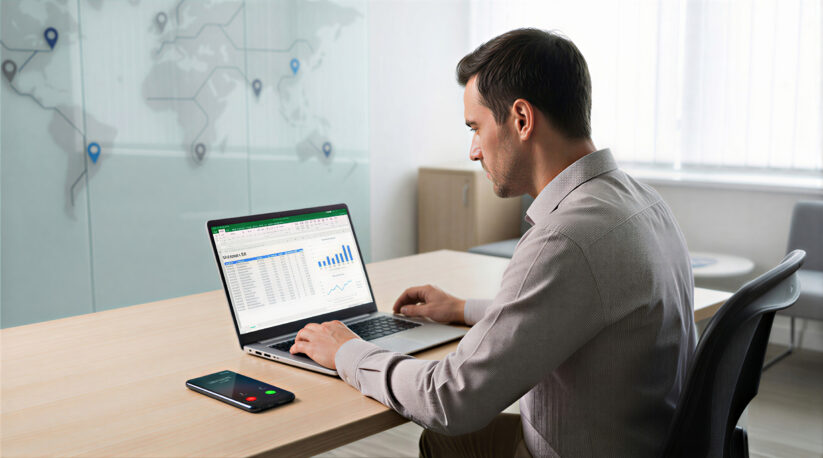 Pay Per Call Screening And Call Review Process Business Owner Reviewing Pay Per Call Data On Laptop With Incoming Phone Call And Service Area Map In Office Setting