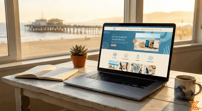 Santa Monica Beach Lifestyle Ecommerce Design Example With Coastal Color Palette Coastal Style Ecommerce Website Design Santa Monica Beach Lifestyle Laptop Display With Ocean Inspired Branding And Santa Monica Pier View.