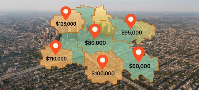Aerial city map with ZIP code boundaries labeled with median household income amounts, showing how different areas vary in income levels for targeting strategies.