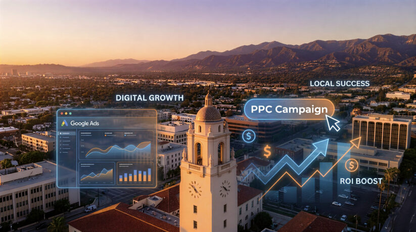 Burbank PPC Advertising Guide Cover Image PPC Advertising Campaigns And Digital Marketing Analytics Overlaid On Burbank California Downtown Skyline At Sunset.