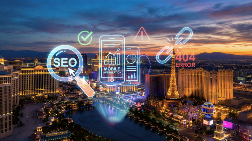 Common SEO Errors Las Vegas Businesses Make Las Vegas Skyline With Digital SEO Error Icons And Marketing Analytics Overlay Showing Common Business Mistakes.