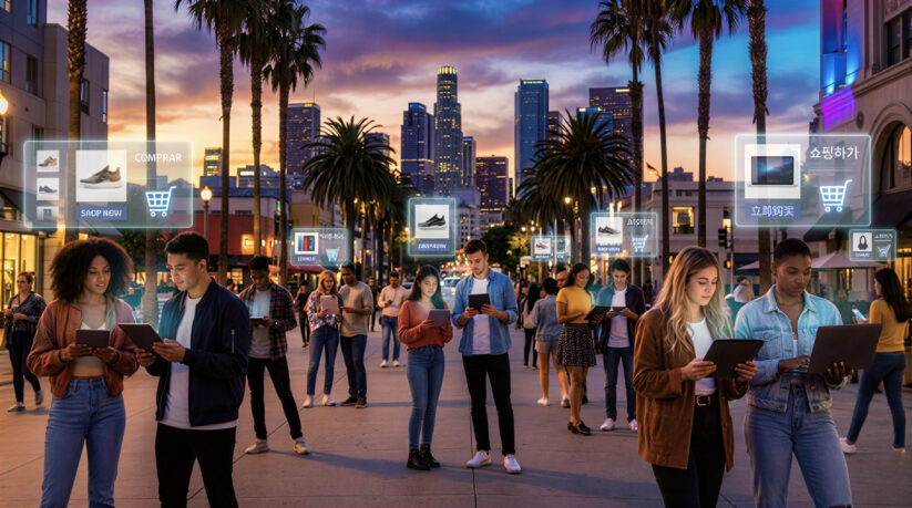 Los Angeles Ecommerce Web Design For Diverse Multicultural Audiences Shopping On Mobile Devices Diverse Customers Using Los Angeles Ecommerce Website Design On Mobile And Desktop Devices.