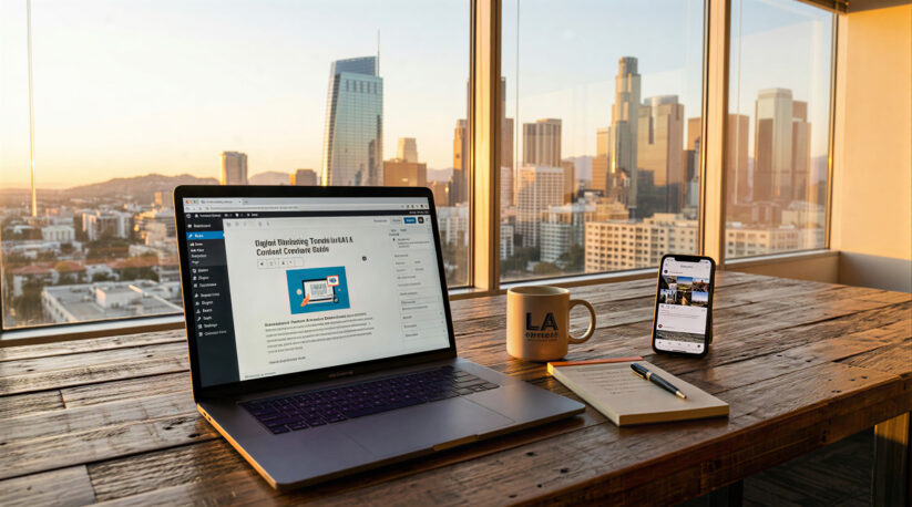 Los Angeles Local Content Writing That Resonates Los Angeles Content Writing Workspace With Laptop Showing Digital Marketing Content And Downtown LA Skyline View During Golden Hour.