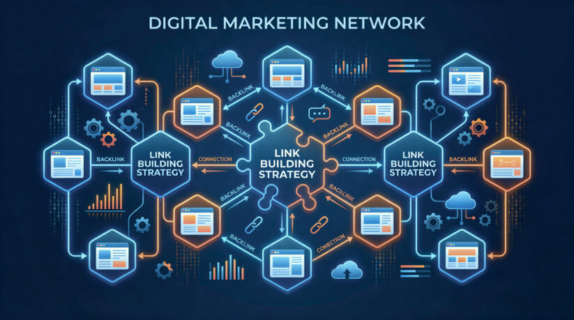 Off Page SEO Link Building Strategy Network Diagram Digital Marketing Network Showing Link Building Strategy With Interconnected Websites, Backlink Connections, And SEO Authority Building Tactics For Competitive Niches