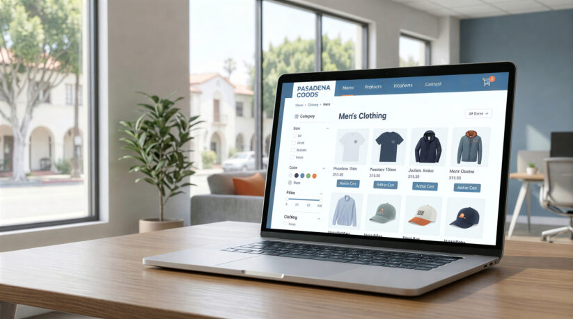 Pasadena Ecommerce Website Navigation Design With Product Filtering Laptop Displaying Pasadena Ecommerce Store With Clear Navigation Menus Product Categories Filtering Options And Intuitive UX Design For Online Shopping