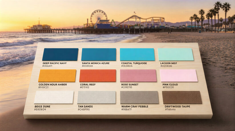 Santa Monica Brand Color Palette Guide With Coastal Blues Sunset Tones And Sandy Neutrals Santa Monica Brand Color Palette Swatches Featuring Ocean Blues Sunset Colors And Sandy Neutral Tones Against Coastal Beach Background.