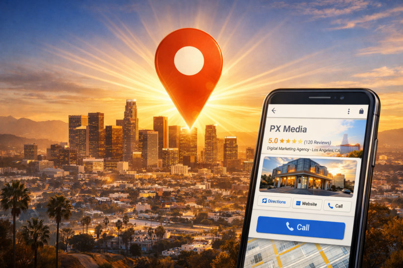 Los Angeles skyline with glowing Maps pin Los Angeles Skyline At Golden Hour With Glowing Google Maps Pin Above The City And Smartphone Displaying Optimized Google Business Profile With Five Star Reviews And Call Button For Local SEO Visibility.