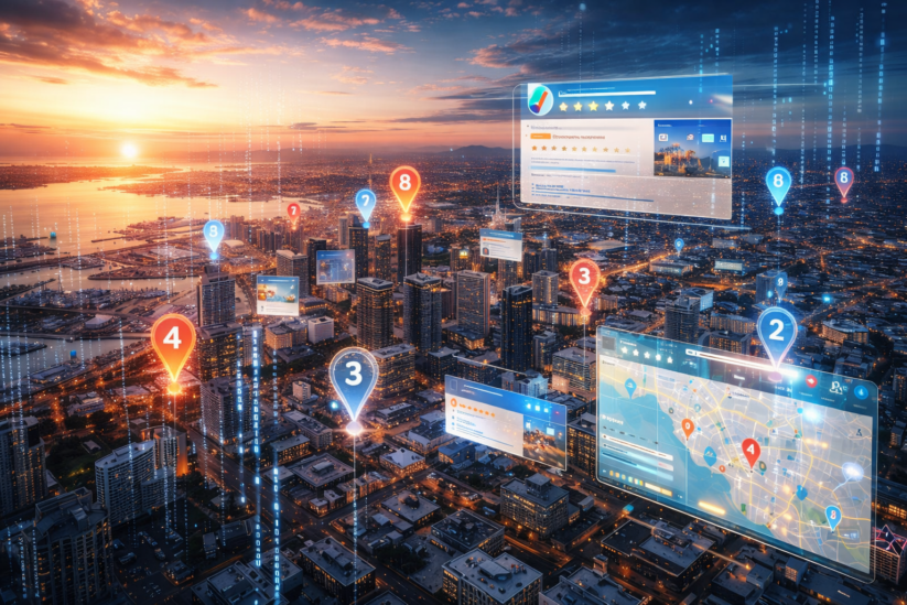 San Diego Local SEO Rankings With AI Overlays At Sunset Aerial View Of Downtown San Diego At Golden Hour Featuring Digital Map Pins, Google Maps Interface, And Search Ranking Graphics Highlighting Local SEO Performance Across The City Skyline.