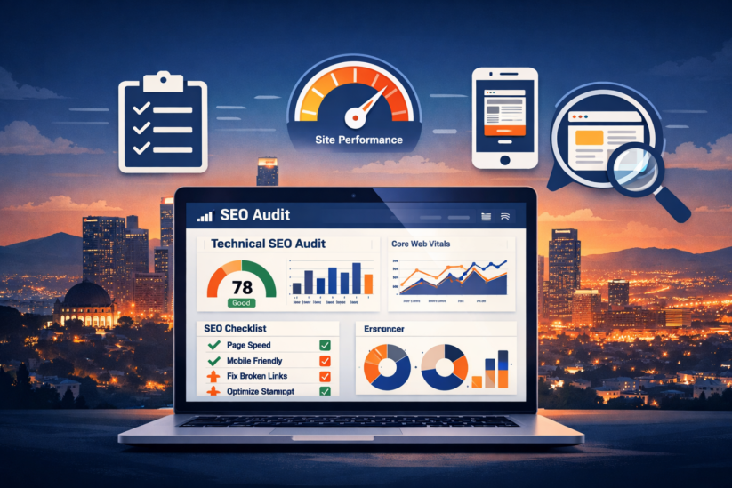 Technical SEO Checklist Dashboard For Los Angeles Businesses Wide Angle Illustration Of A Laptop Displaying A Technical SEO Audit Dashboard With Performance Metrics, SEO Checklist, Core Web Vitals Graphs, And Website Optimization Tools Against The Los Angeles Skyline At Dusk.