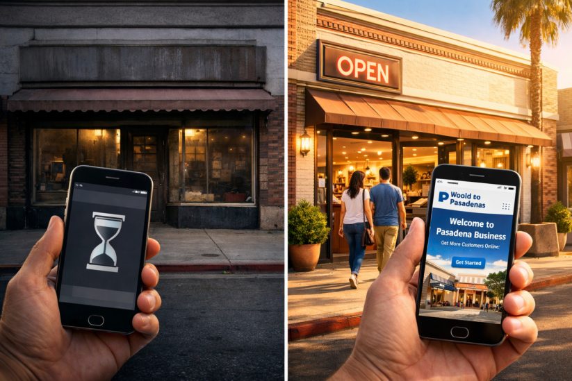 The Real Cost Of A Slow Website For Pasadena Businesses Split-Screen Image Of Two Pasadena Storefronts Showing An Outdated Dimly Lit Shop With A Slow Loading Website On A Smartphone Versus A Modern Bright Store With Customers And A Fast Mobile Optimized Website Designed To Generate Leads.