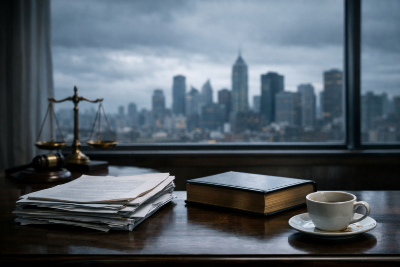 Bankruptcy Filing Trends During A Recession — Law Office With Legal Documents And City Skyline A Law Office Desk With Stacked Legal Documents, A Closed Law Book, A Coffee Cup, And A Gold Justice Scale, Overlooking A Stormy City Skyline; Representing Bankruptcy Filing Trends During An Economic Downturn.
