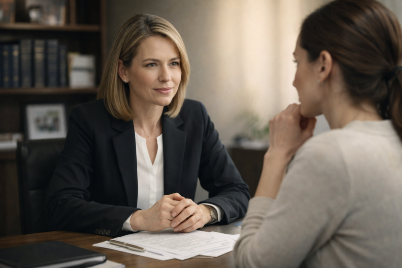 Family Law Attorney Consulting With A Client During A Legal Intake Meeting Family Law Attorney Sitting Across From A Client At A Desk During A Consultation, With Legal Documents In View And A Professional Office Setting In The Background.