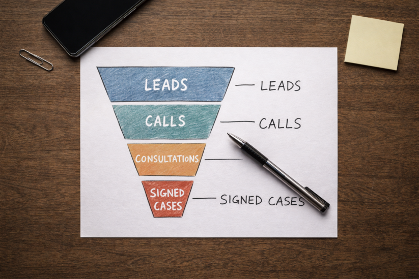 Law Firm Lead Conversion Funnel Showing Leads, Calls, Consultations, And Signed Cases Overhead Flat-Lay Of A Hand-Drawn Law Firm Intake Funnel Diagram On White Paper Showing Four Stages: Leads, Calls, Consultations, And Signed Cases, With A Pen, Phone, Paper Clip, And Sticky Note On A Wooden Desk.