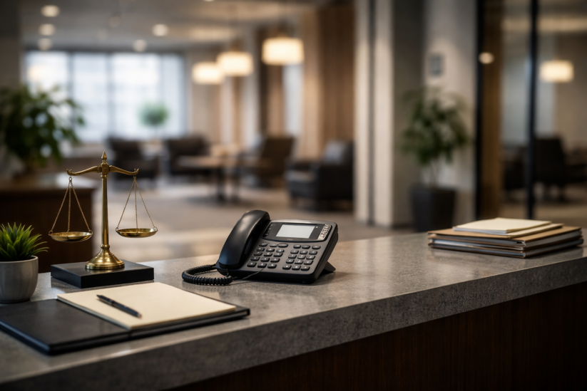 Law Firm Reception Desk With Unanswered Phone And Scales Of Justice Law Firm Reception Desk With An Unanswered Office Phone, Brass Scales Of Justice, And Empty Waiting Area In The Background, Representing Law Firm Lead Conversion Problems And Missed Client Consultations.