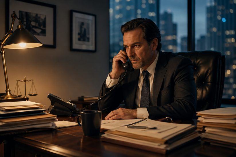 Personal-Injury-Attorney-Taking-A-Pay-Per-Call-Lead-At-His-Law-Office-Desk Image Criminal Defense Attorney In A Dark Law Office Taking An Urgent Phone Call At His Desk, Surrounded By Legal Files And A Brass Scale Of Justice, With A City Skyline Visible Through The Window At Night.